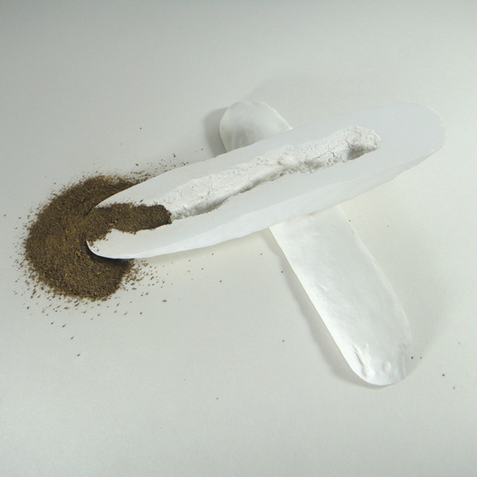 <b>Coquille V</b><br>
Concombre moulé en plâtre et son empreinte, une fois pourri et sec, à l'intérieur. Le concombre fut ensuite réduit en poudre.<br> 
6 x 21 x 21 cm<br>
2013
