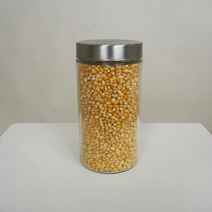 <b>Big Bang (Point d'extase I)</b> (détail)<br>
Pots en verre dont l'un est rempli de grains de maïs et l'autre, brisé et avec le même montant de grains mais soufflés.<br>
Dimensions variables<br>
2020