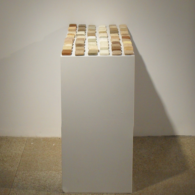 <b>66 Bricks For An Ivory Tower</b><br>
Sixty-six soaps each made with a different condiment<br>
Dimensions variable<br>
2009