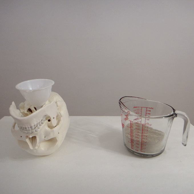 <b>Entêté (urne crânienne)</b><br>
Prototype d’œuvre finale – le corps de l'artiste serait incinéré et ses cendres entreposées dans son crâne.<br>
19 x 66 x 19 cm<br>
2013