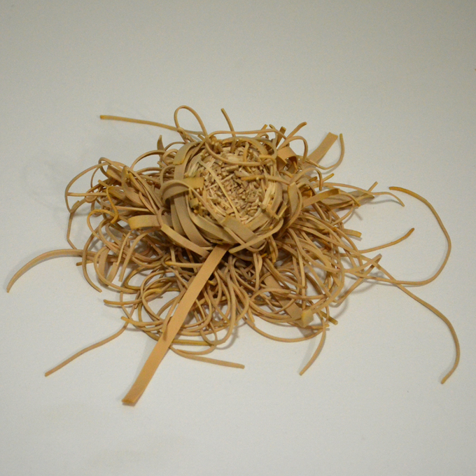 <b>Blooming Onion</b><br>
Rubber band ball burst open with a heat gun<br>
7 x 19 x 19 cm<br>
2011